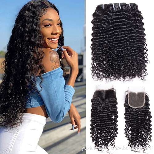 Brazilian Curly Hair Bundles with Closure Brazilian Virgin Hair 3Bundles with Middle Part Baby Hair Closure Natural Black